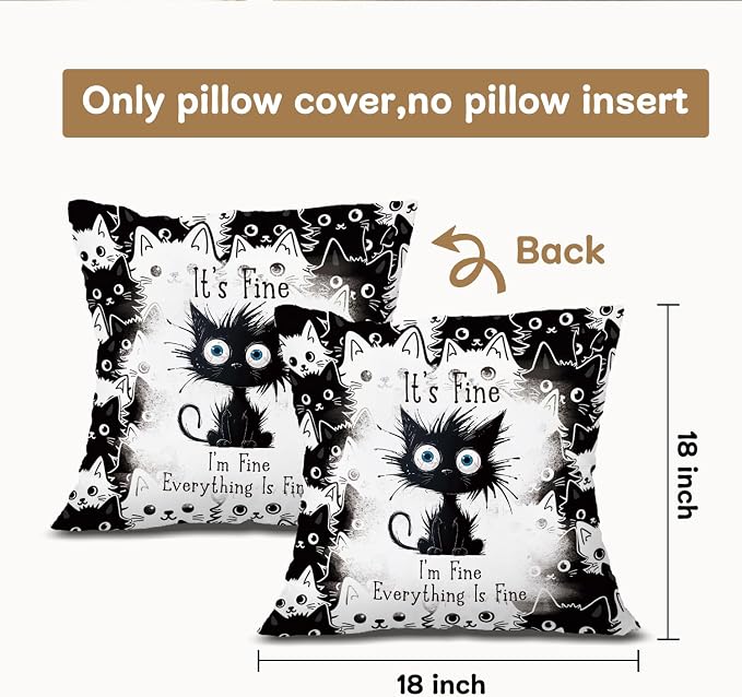 Funny Black Cat Pillow Covers 18x18, Black Cat Decor, It's Fine I'm Fine Everything is Fine Decorative Throw Pillow Covers Pillowcases for Bedroom Living Room Home Decor