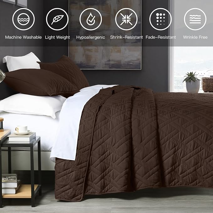 HORIMOTE HOME Quilt Set Twin Size Chocolate, Classic Geometric Diamond Stitched Pattern, Ultra Soft Microfiber Lightweight Bedding Set Bedspread Coverlet for All Season with 1 Quilt 1 Pillow Sham