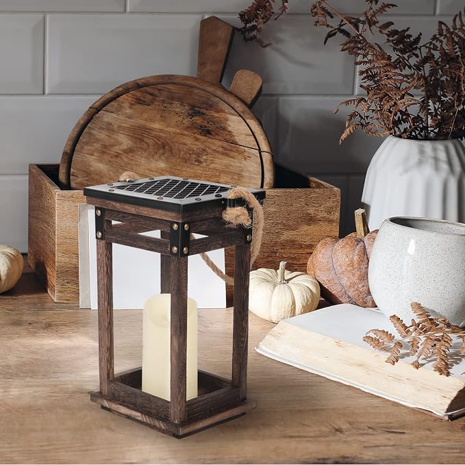 J JACKCUBE DESIGN Decorative Lanterns for LED Flameless Candle, Wooden Vintage Farmhouse Hanging Tabletop Candle Holder for Wedding Party Outdoor Indoor Decoration -MK1010A