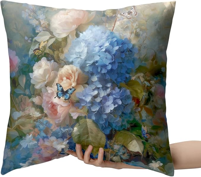 Vintage Rose Hydrangea Pillow Covers Oil Painting Floral Throw Pillow Covers Spring Summer Pillow Case 18x18 Blue Pink Flowers Cushion Case for Living Room Couch Sofa Set of 2