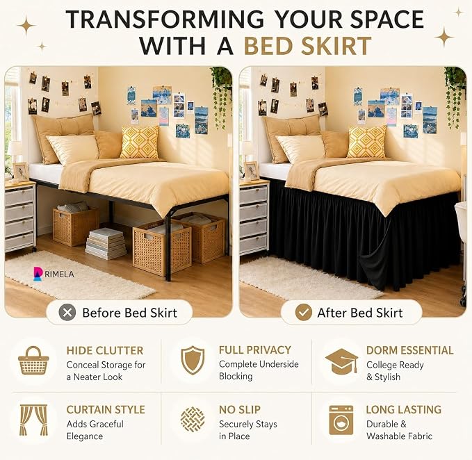 Dorm Room Bed Skirt Twin XL 22" Drop, College Split Corner Bedskirt, Black | Solid ruffled, Wrap-around/elastic, Wrinkle & Fade resistant, with Adhesive Strips, Gift Packed, Machine Wash/Tumble Dry/Iron