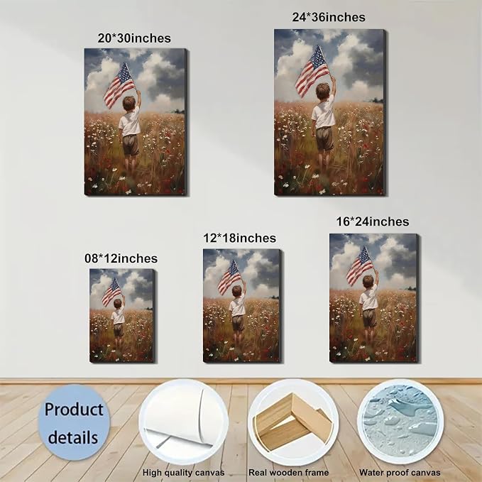 Framed American Flag Wildflower Field Wall Art, Patriotic Rustic Canvas Art Pictures, USA Flag Coastal Meadow Wall Decor, Made in USA Ready to Hang for Living Room Bedroom