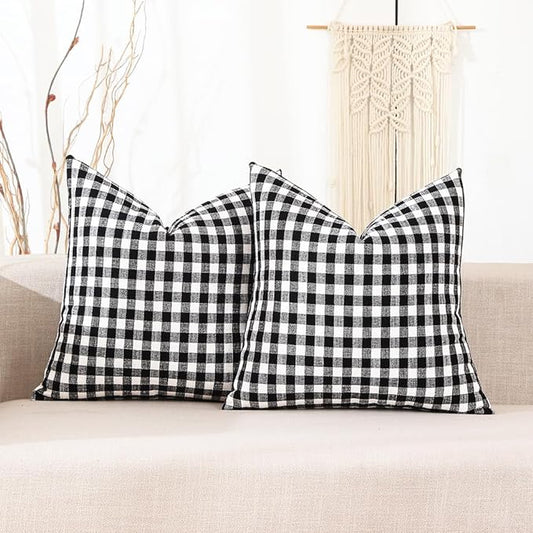 Outdoor Black and White Gingham Plaid Throw Pillow Covers 18x18 for Porch | Set of 2 Black Pillow Covers 18 x 18, Vintage Farmhouse Cottage Core Decor, Black and White Christmas Outdoor Pillow Covers