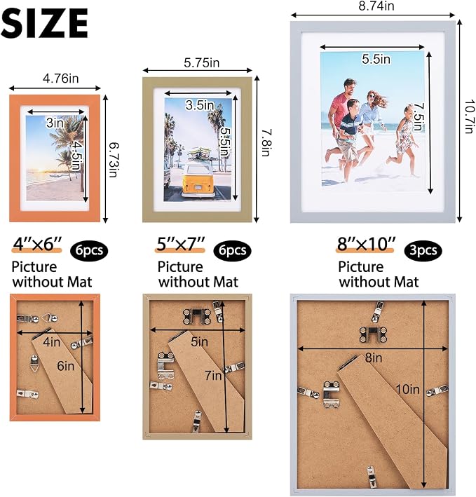 Fixwal Picture Frames Set, 15 Pack, MDF, Soft Earth Tones, 8x10, 5x7, 4x6 | Wall or Tabletop Decor, High-definition Plexiglas panels