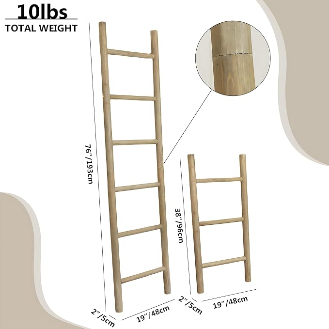 Wooden Blanket Ladder - 76in Natural & Motley Wood - Leaning Wall Decor for Bedroom, Bathroom, Living Room - Rustic Quilt Holder & Towel Rack (Brown, 76in | Pre Assembled)