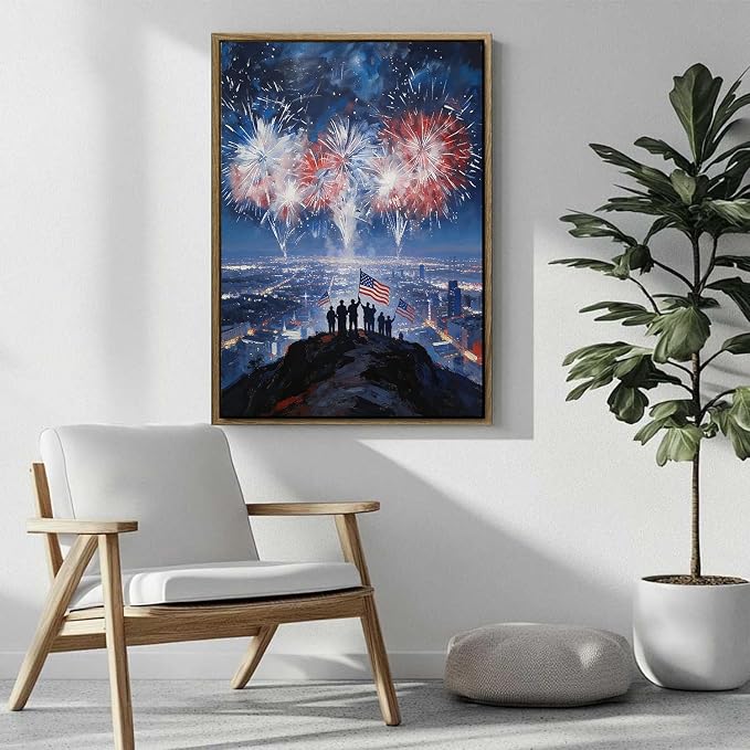 American Flag Framed Canvas Wall Art, 4th of July Patriotic Canvas Prints | Fireworks City View Poster Print, Modern Independence Day Wall Decor for Bedroom Living Room Office 6×8in