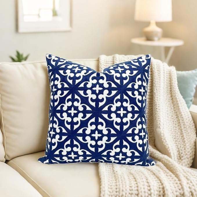 Slow Cow Canvas Embroidery Decorative Throw Pillow Cover Navy Blue Cushion Cover for Living Room 18 x18 Inches