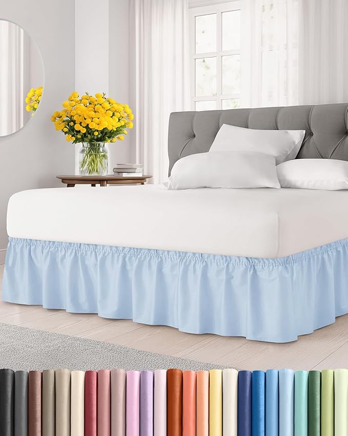 Wrap Around Dust Ruffle Bed Skirt, Full Size Beds - 12 Inch Drop, Sky Blue | Easy Fit Elastic Strap, Adjustable Pleated Bedskirt w/Brushed Fabric, Wrinkle & Fade Free, for Women, Men, Kids & Teens