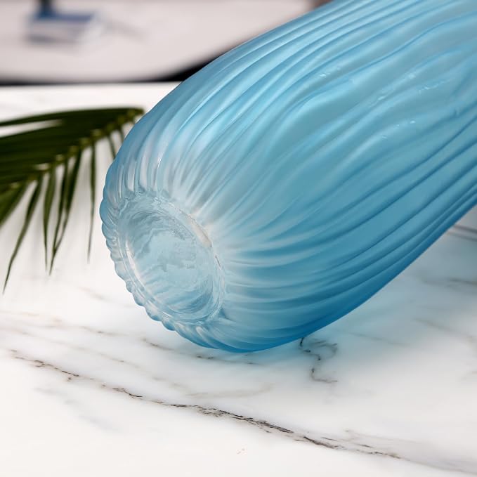 Frosted Blue Ribbed Glass Vase 8in Boho Elegant Decorative Vases for Home Flowers Arrangements, Centerpieces, Dinner Table and Modern Decor