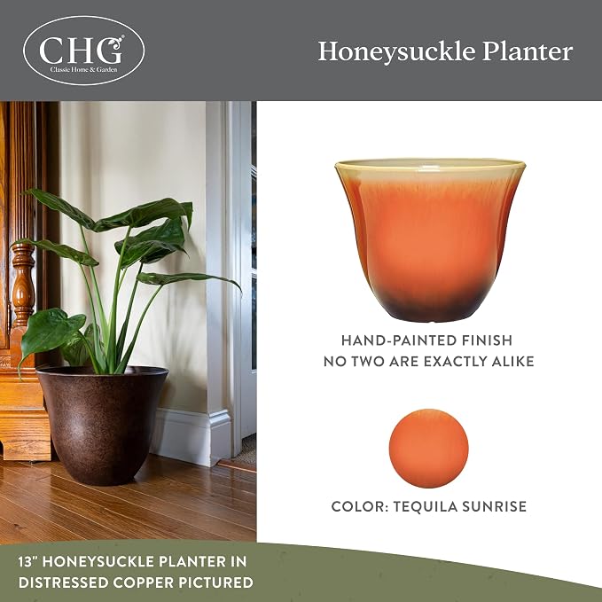 13" Honeysuckle Planter in Tequila Sunrise | Hand-Painted Finish Plant Pots, Lightweight Indoor Outdoor Planter, UV-Resistant, Great for Patio, Home & Garden Decor Accent