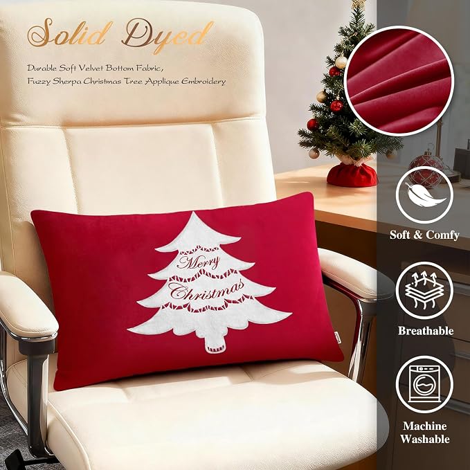 BRAWARM Christmas Pillow Cover 12 X 20 Inches, Christmas Red Christmas Tree Embroidered Lumbar Pillow Cover, Soft Velvet Decorative Throw Pillow for Couch Bed Sofa Living Room Home