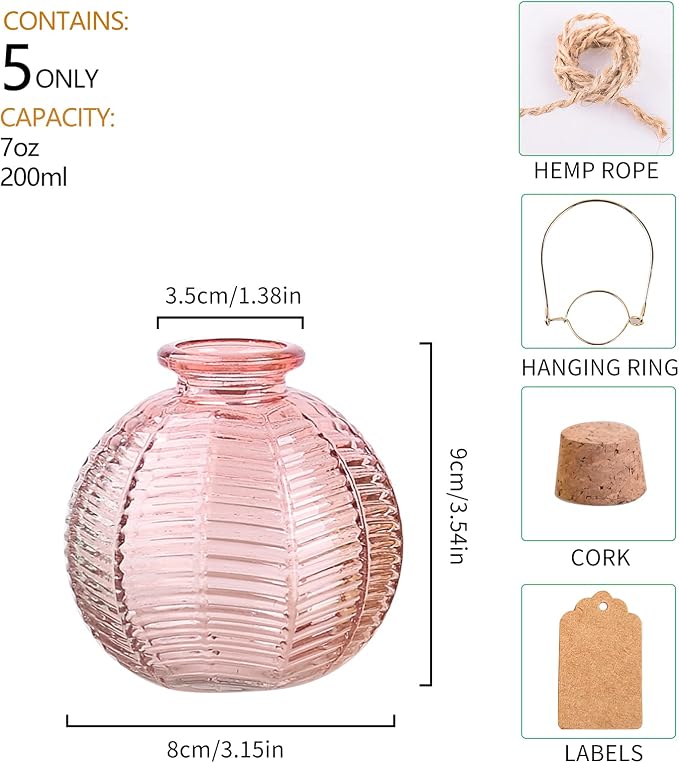 ELEGANTTIME Single Glass Bud Vase Pink Vases for Centerpieces Decor Glass Flower Vase Bottle with Crok Wire Iron Handle Design for Cafes, Office Table, Home and Garden