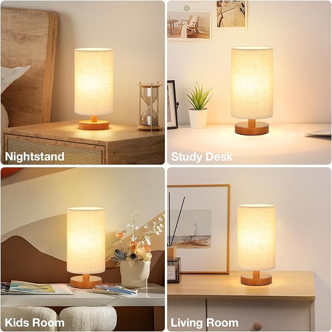 Fenmzee Small Table Lamps (Beige Shade - Walnut Base, 9" Inline Control)