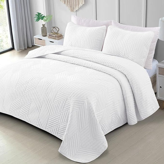 Exclusivo Mezcla Ultrasonic Full Queen Quilt Bedding Set, White | Lightweight Bedspreads, Soft Microfiber, Modern Geometric Coverlet, All Season Bed Cover, 1 Quilt and 2 Pillow Shams