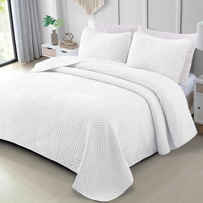 Exclusivo Mezcla Ultrasonic Twin Quilt Bedding Set, White | Lightweight Bedspreads, Soft Microfiber, Modern Geometric Coverlet, All Season Bed Cover, 1 Quilt and 1 Pillow Sham
