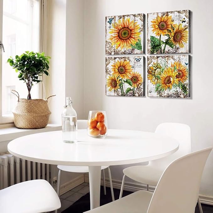 Sunflower Canvas Wall Art Prints Room Decor For Home Office Apartment Wall Decor 24x24 Inch Rustic Sunflower Bathroom Pictures Wall Decorations Inspirational Kitchen Country Artwork Poster 4 Pcs