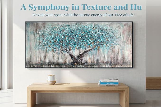 Arjun Framed Blue Tree Extra Large Tree of Life Canvas Wall Art 71"L x 32"W | Bedroom Hand Painted Textured Painting Living Room Nature Picture Oversize Panoramic Landscape Artwork Home Office Wall Decor