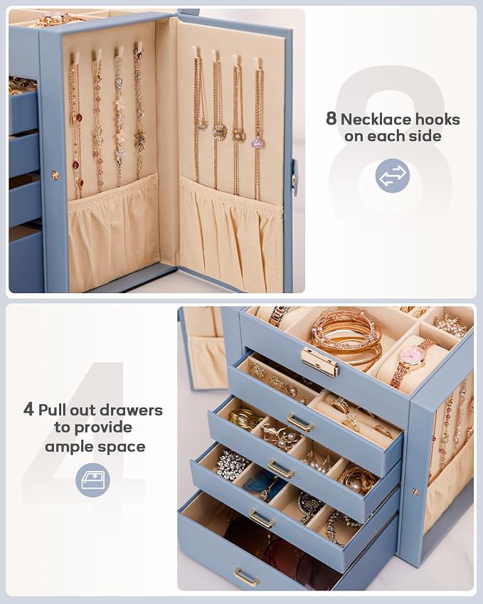 Homde Large Jewelry Box for Women: 5-Layer Organizer with Lock for Dresser | Separated Storage for Necklace Earring Ring Watch to Sort Daily Jewelry - Keep Vanities Tidy - Suitable for Birthday Gift