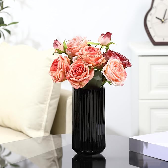Ribbed Glass Vase,Flower Vase for Bouquet, Black Glass Vases for Flowers, Modern Vases for Living Room, Bathroom, Dining Table, Office, Wedding, Centerpieces, 8 Inches