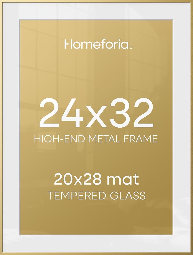 Homeforia 24x32 Gold Poster Frame, High-End Metal, 20x28 Mat, Glass