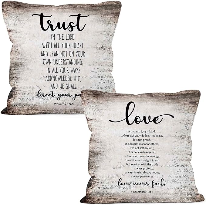 Christian Scripture Trust in the Lord Love is Patient Throw Pillow Covers 18x18 Set of 2, Bible Verse Proverbs Corinthians Decor Pillow Cases for Bedroom Living Room, Religious Pillowcases