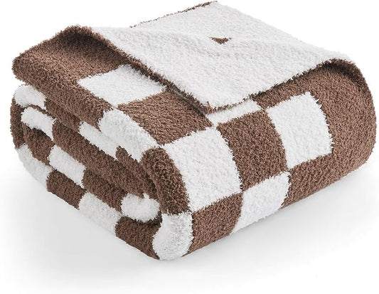 Snuggle Sac Checkered Bedding Blanket Twin Size 60x80, Super Soft Cozy Warm Knit Blankets, Reversible Breathable Lightweight Fluffy Throws for Sofa Bed, Checkered Brown, 60x80 Inches