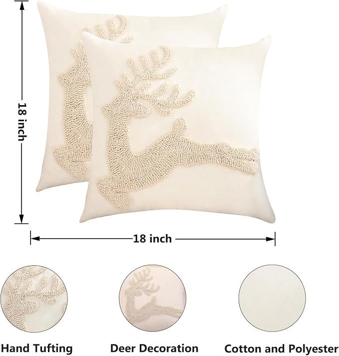 Christmas Throw Pillow Covers 18x18 Set of 2 Beige Xmas Reindeer