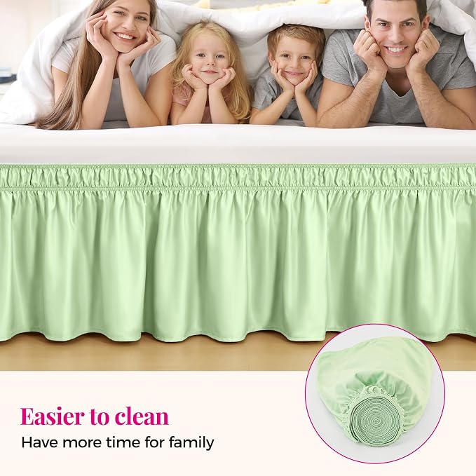Baby Green Bed Skirt Queen Size 15" Drop, Elastic Wrap Around Bedskirt | Solid ruffled, Wrap-around/elastic, Wrinkle & Fade resistant, with Adhesive Strips, Gift Packed, Machine Wash/Tumble Dry/Iron