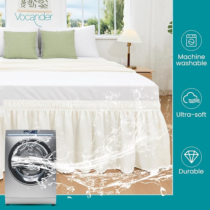 Vocander Cream Queen Bed Skirt 16 Inch Drop, Elastic Wrap Dust Ruffle | Hides Underbed Storage, No Mattress Lifting, Elastic Stays Put, Soft Fabric, Machine Washable, Polished Look