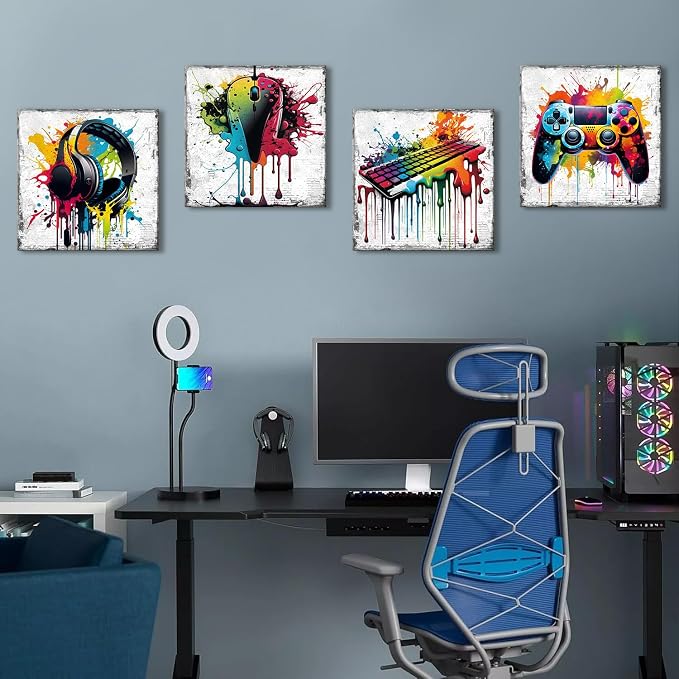 YOOOAHU Game Wall Decor Gaming Art Graffiti Gamepad Headphones Canvas Pictures Gamer Room for Boys Street Pop Bedroom Dorm Playroom Cave Teen Men Cool Video Painting Modern Artwork 12x12'' 4 Pcs