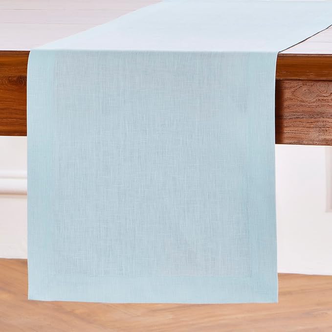 Solino Home 100% Pure Linen Table Runner Ice Water Woven, Fete 14 x 36 in | brings a tailored look to family meals and hosting, European flax fibres, effortlessly elegant, Ice Water, OEKO-TEX Certified
