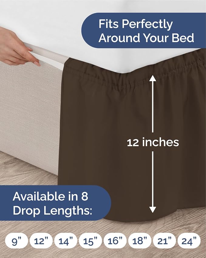 Wrap Around Dust Ruffle Bed Skirt, Queen Size Beds - 12 Inch Drop, Brown | Easy Fit Elastic Strap, Adjustable Pleated Bedskirt w/Brushed Fabric, Wrinkle & Fade Free, for Women, Men, Kids & Teens