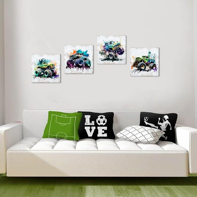 Car Room Decor Truck Canvas Wall Art Framed Boys Room Watercolor Cartoon Car Racing Vehicle Painting Modern Canvas Prints Farmhouse Artwork for Playroom Living Room Garage Home Decorations 16×16" 4Pcs