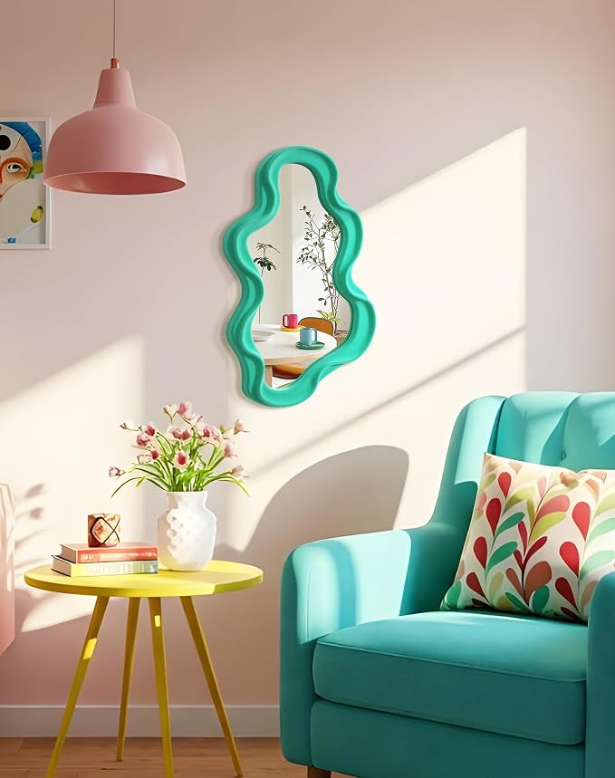 Funky Green Wall Mirror for Gallery Wall,Eclectic Quirky Home Decor | 16x10",Soft Velvet-like Touch,Wall-Mounted Cloud Mirror for Girl Teen Women Bedroom Decoration,Cute Accent for for Hallway