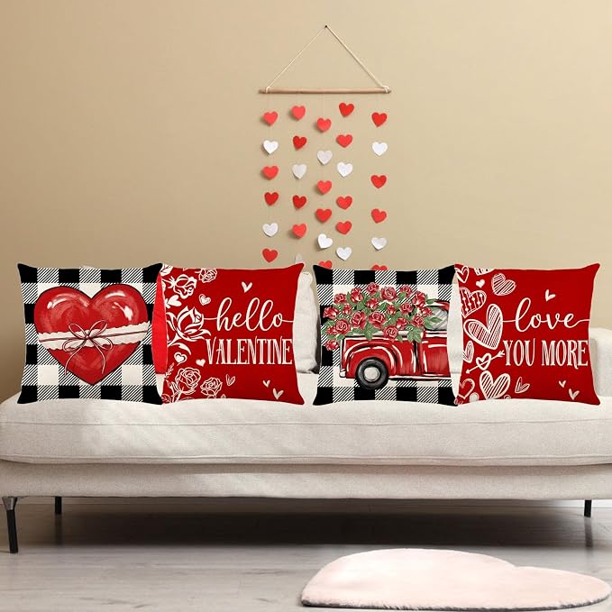 ONFAON Valentines Day Decorations-Valentines Day Pillow Covers 18x18 Set of 4,Red Buffalo Check Valentine's Day Love Heart Throw Pillow Covers Holiday Farmhouse Anniversary Wedding Home Sofa Couch