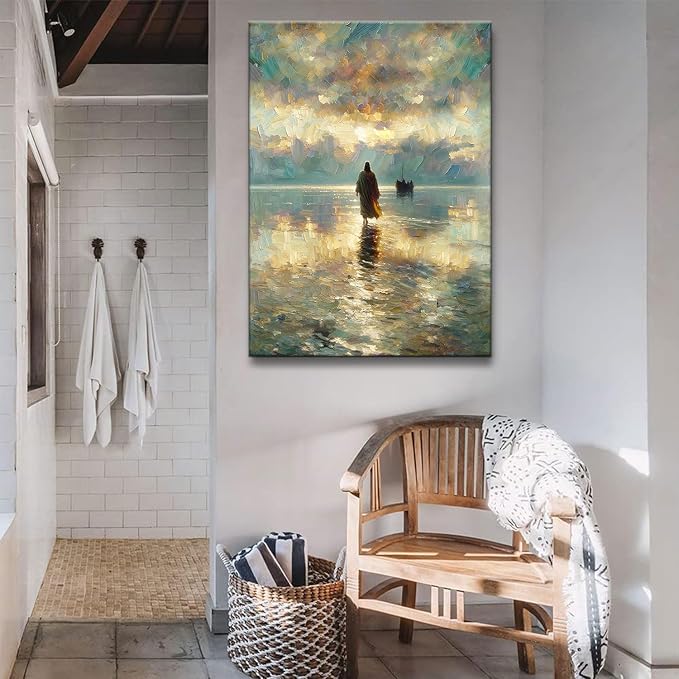 Framed Jesus Pictures for Wall God Canvas Wall Art Jesus Walking on Water Paintings print for Living Room Christian Art Decor Religious Posters Ready to Hang 16x24Inches