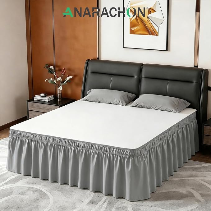 ANARACHON King Bed Skirt, Elastic Wrap Around Bed Skirt King Size, Bed Skirts for Adjustable Bed, Easy Fit with 18" Drop Length Tailored Drop Dust Ruffle (Grey)