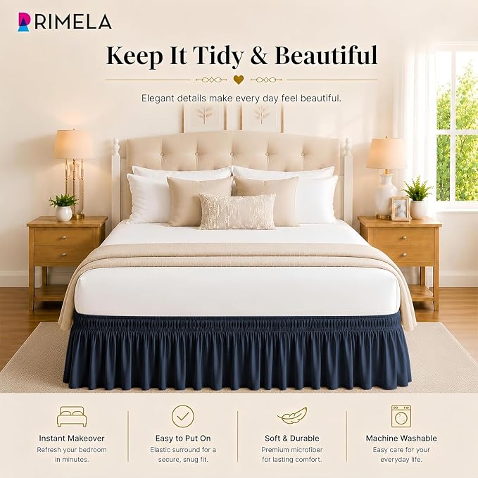 Navy Blue Bed Skirt Queen Size 15" Drop, Elastic Wrap Around Bedskirt | Solid Ruffled, Easy to Use, No Mattress Lifting, Wrinkle & Fade Resistant, with Adhesive Strips, Machine Wash/Dry/Iron