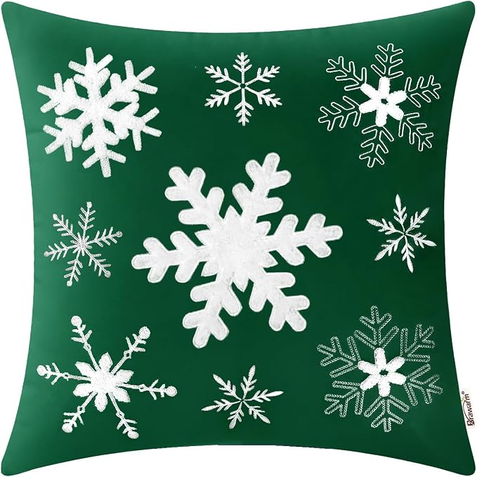 BRAWARM Christmas Pillow Cover 20 X 20 Inches, Christmas Green Snowflake Embroidered Pillow Cover, Soft Velvet Decorative Throw Pillow for Couch Bed Sofa Living Room Home
