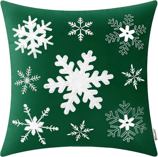 BRAWARM Christmas Pillow Cover 20 X 20 Inches, Christmas Green Snowflake Embroidered Pillow Cover, Soft Velvet Decorative Throw Pillow for Couch Bed Sofa Living Room Home