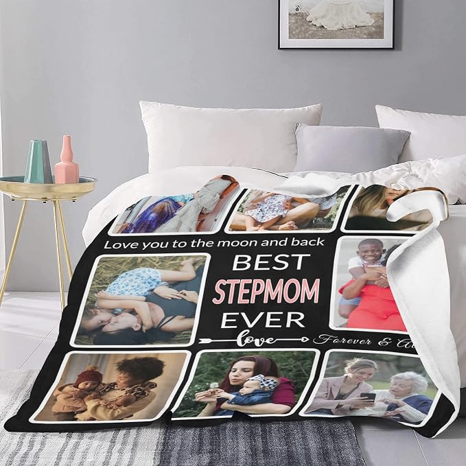 Gift for Stepmom Custom Blanket with Photo, Make a Personalized Family Blankets with Picture Customized Memories Souvenir Throws for Best Stepmom Ever, 8 Collage Made in USA