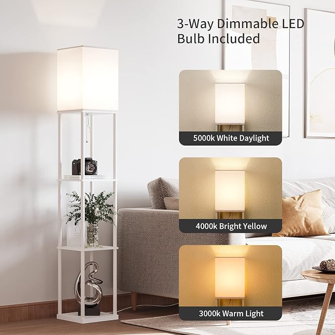 SUNMORY Floor Lamp with Shelves, Standing Lamps for Living Room, White