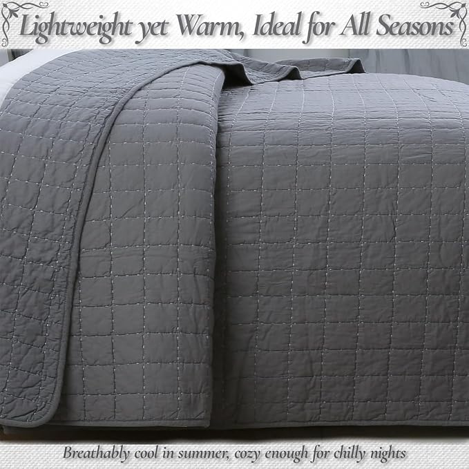 Cozy Line Home Fashions 100% Cotton Quilt Set – 3-Piece Charcoal Gray Solid Classic Modern Geometric Quilted Bedspread with Shams, Lightweight All Season Modern Bedding (Box Gray, King)
