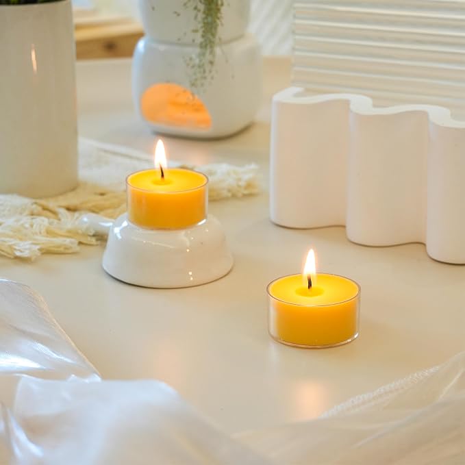 12 Yellow Unscented Natural Soy Tealight Candles in Clear Cup