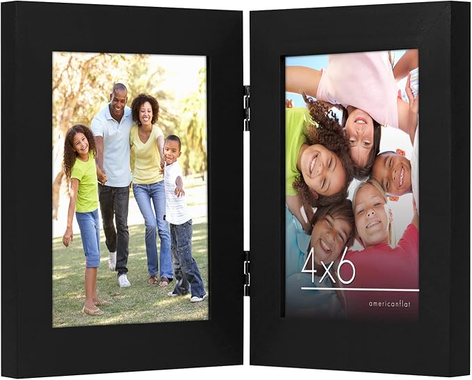 Americanflat Hinged 4x6 Picture Frame with Shatter-Resistant Glass - Double Picture Frames with Engineered Wood - Signature Collection - Photo Frame for Tabletop Display - Black