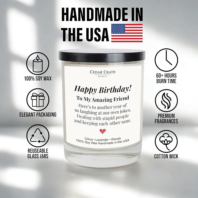 Cedar Crate Market Happy Birthday Candle – Women Birthday Gifts, Friendship & Best Friend Birthday Gifts for Women – Eco-Friendly Soy Wax, Premium Gift Box, Hand Poured USA, 13.5oz, Lavender Citrus