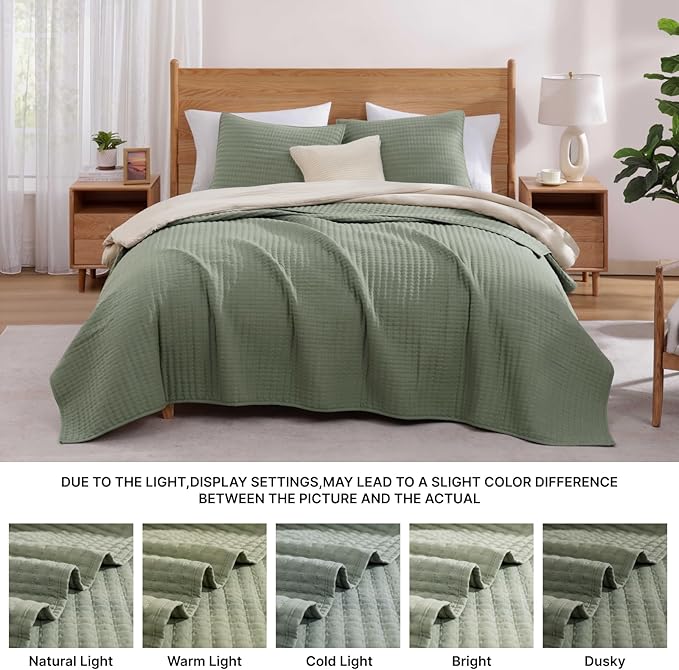 King Size Quilt-Lightweight Bedspreads Sage Green King Quilt Bedding Set | Soft Coverlet with 2 Pillow Shams for All Seasons, Suitable for Bed, Couch, 3 Pieces, 106"x94"