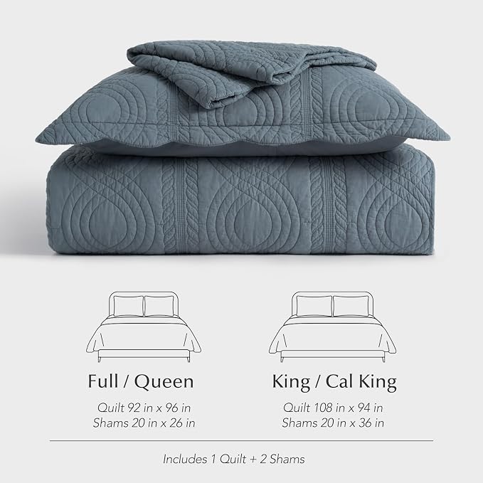 EverGrace 100% Cotton Scallop Quilt Set, Queen Size, Stormy Blue | Scalloped Border, Timeless Chic Aesthetic, All-Season Comfort, Perfect French Country Bedroom Decor, 3 Piece Set with 2 Shams
