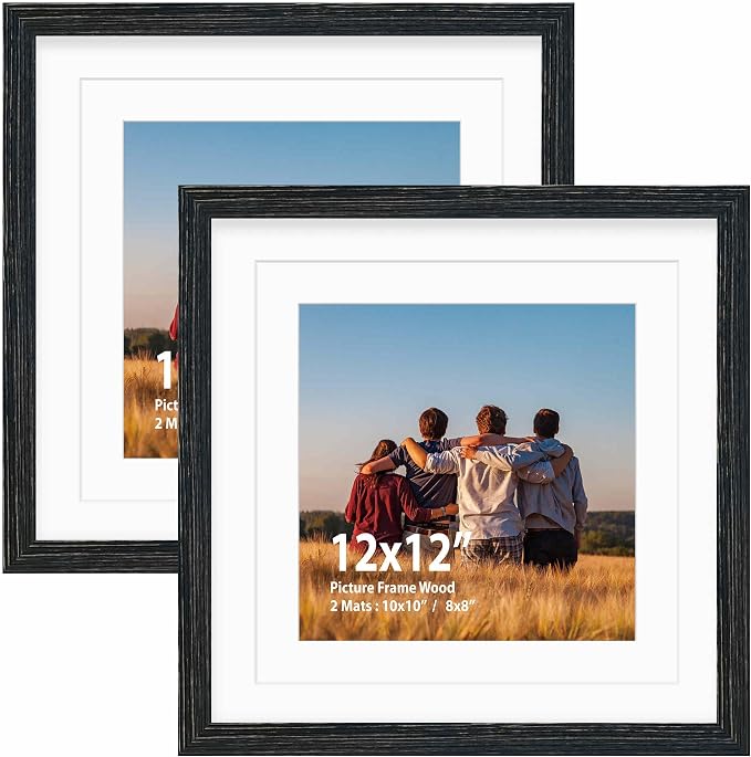 12x12 Picture Frame Set,Solid Wood,Not Glass,Display Pictures 8x8,10x10 with Mat or 12x12 Without Mat,Stable Sturdy Square Hanging Picture Frames for Wall Mounting or Tabletop (Black,12x12,Set of 2)