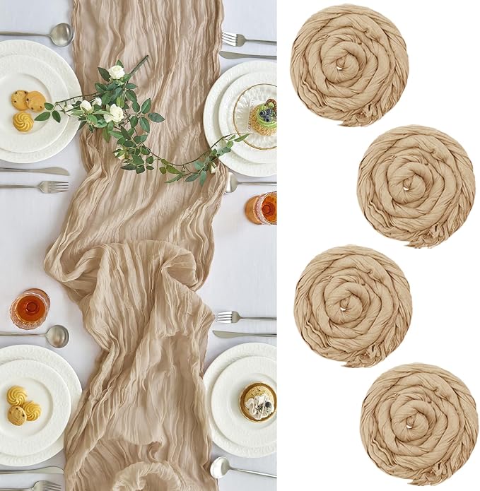 IVAPUPU Nude Table Runner 120 Inches for Wedding Birthday Party Home Decor | 4 Pcs Boho Gauze 10FT Cheesecloth Table Runners for Baby Shower Decorations Summer Garden Farmhouse